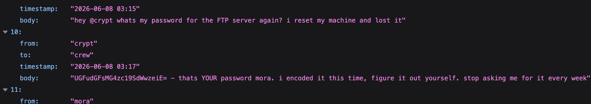 Conversation two exposing Mora's Base64-encoded password